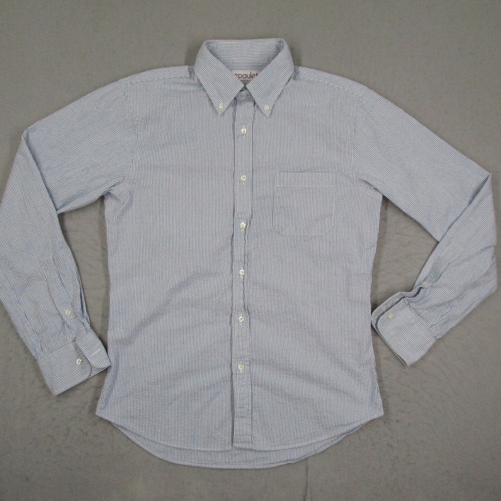 Epaulet New England Mens Medium Blue White Seersucker Stripe Button Down Shirt
